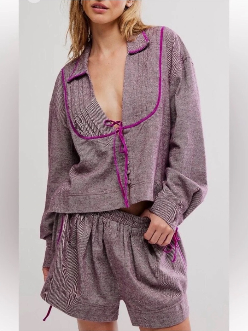 NWT Free People close to home flannel pyjama set in purple cactus flower small